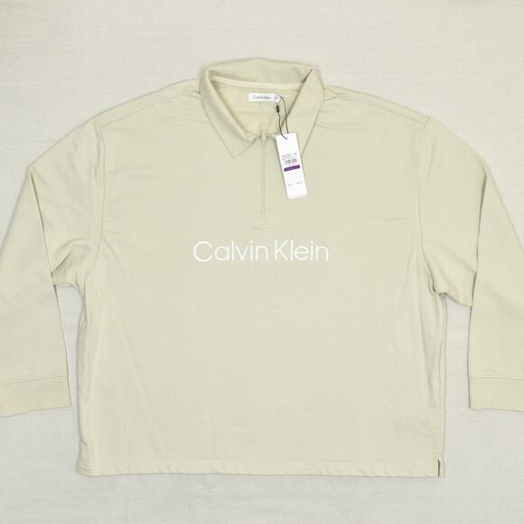 New Calvin Klein Men's 1/4 Zip Pullover Sweater Collared Beige Size 2XL Cotton - Picture 1 of 8